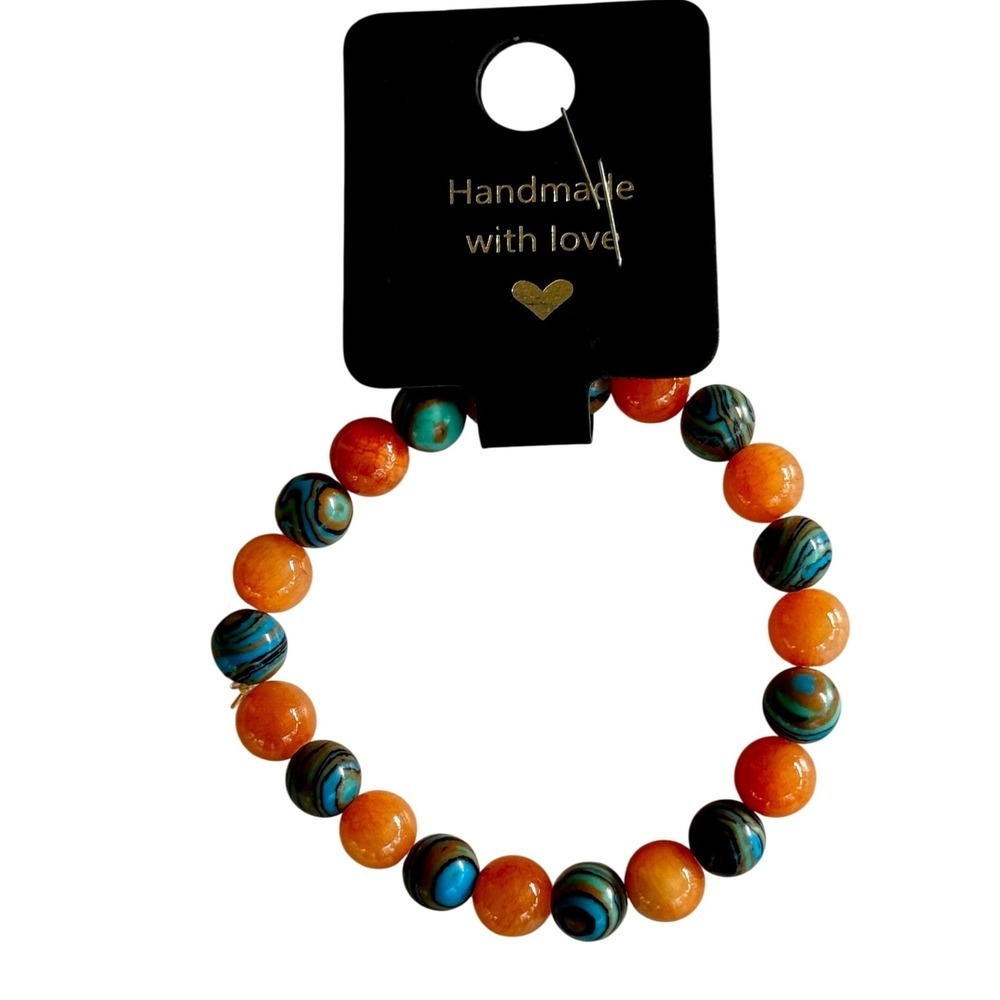 Handmade Beaded Stretch Bracelet Orange Blue Round Beads‎
